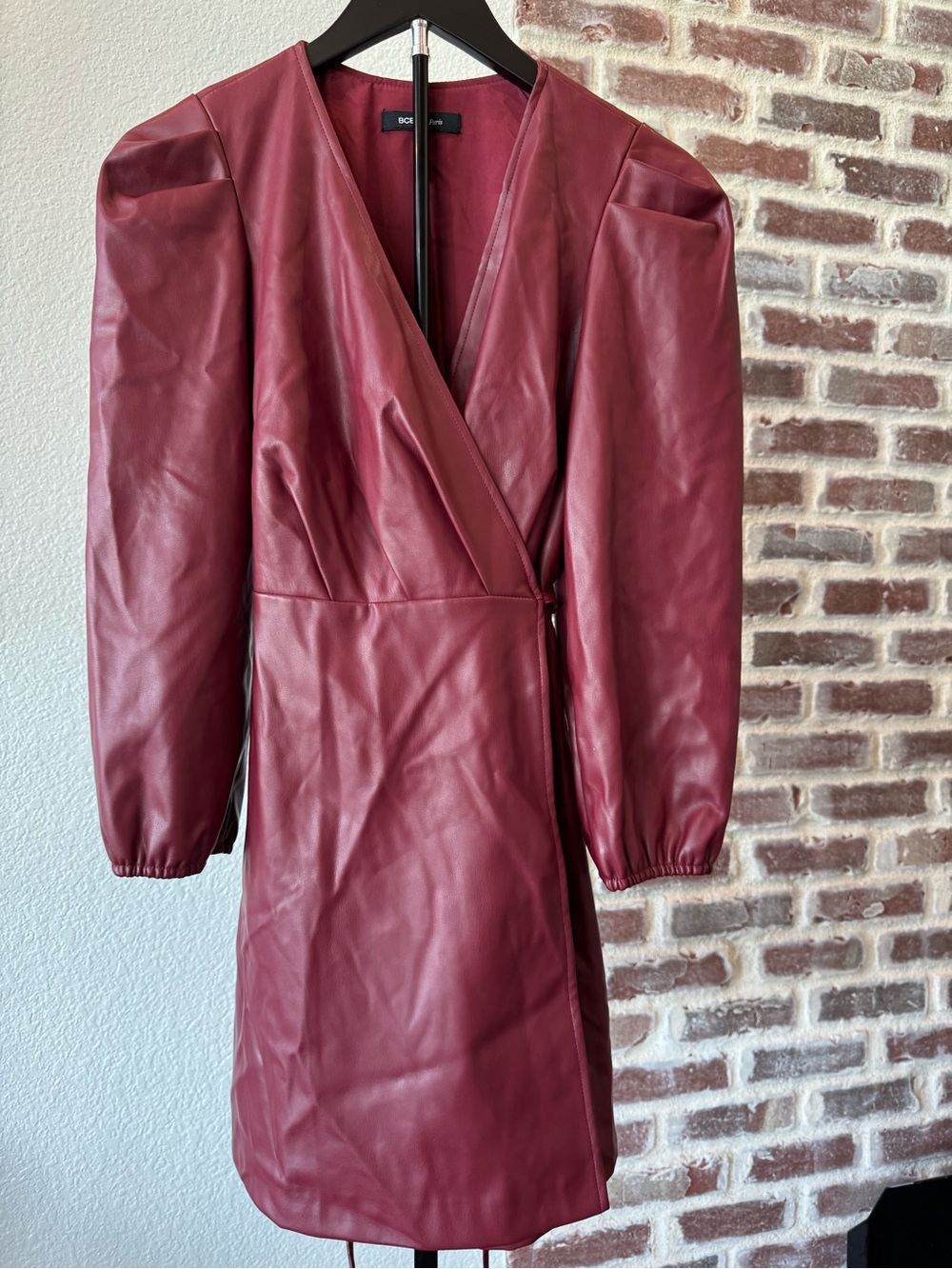 BCBG Burgundy Red Faux Leather Wrap Jacket Dress Long Sleeve Size XS